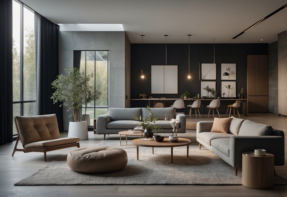 A modern living room with sleek, minimalist omm furniture arranged in a clean and open space
