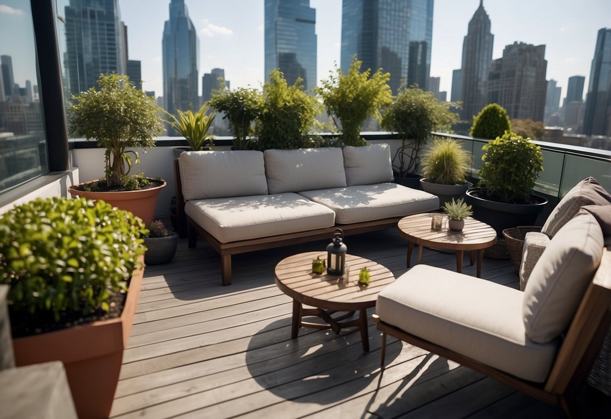 A rooftop garden with modern furniture, including a sleek outdoor sofa, coffee table, and potted plants, surrounded by a backdrop of city skyscrapers