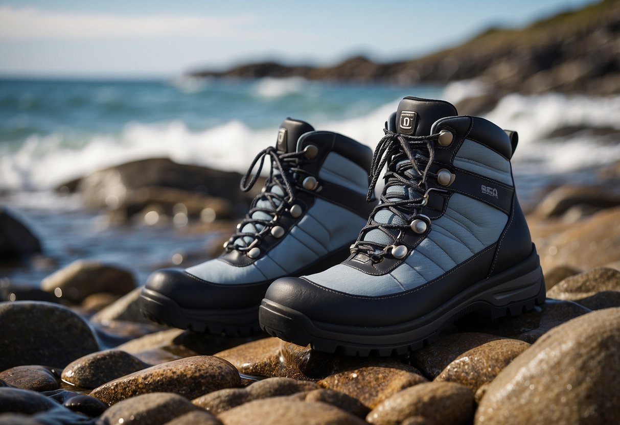 A pair of Seac Pro HD boots are shown on a rocky ocean floor, with waves crashing in the background