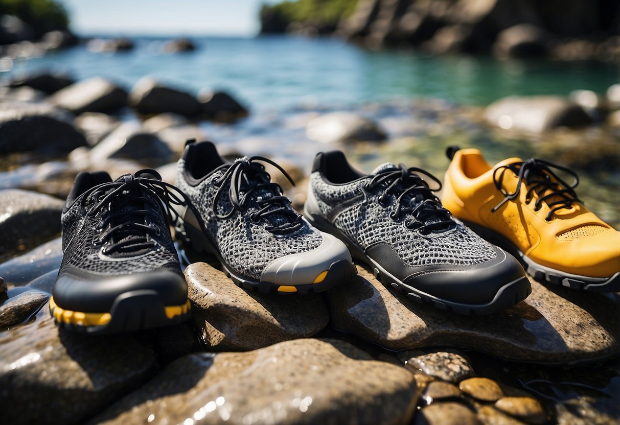 Clear water surrounds rocky terrain where 5 different diving shoes are displayed. Materials like neoprene, rubber, and mesh are highlighted