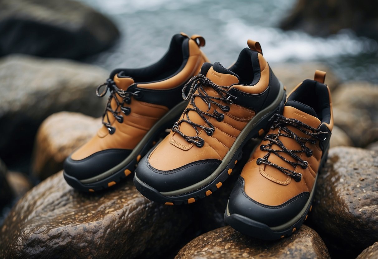 A rocky terrain with 5 pairs of diving shoes, highlighting their features like grip, durability, and protection