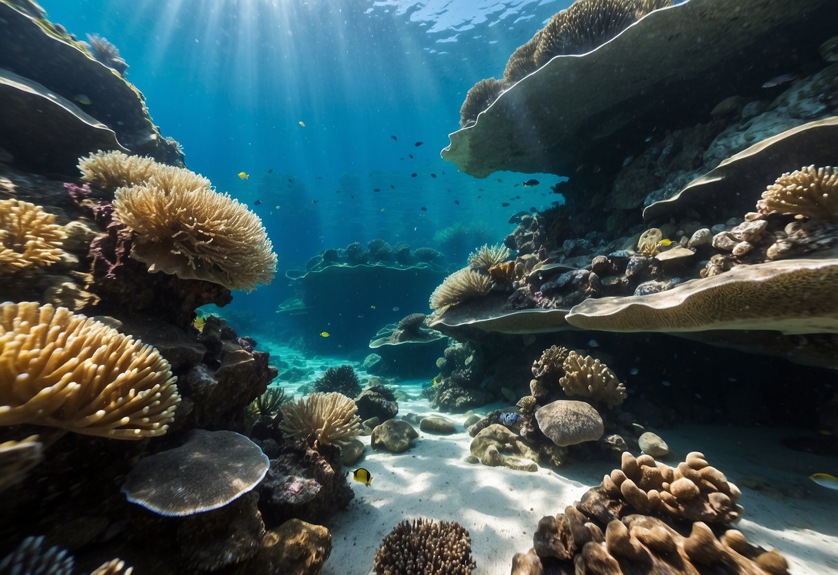 Crystal-clear waters surround vibrant coral reefs and diverse marine life, with sun rays illuminating the underwater world