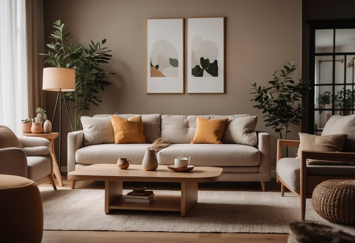 A cozy living room with Ohmm omm furniture, soft lighting, and a warm color palette. Comfortable seating and a stylish coffee table create an inviting space for relaxation