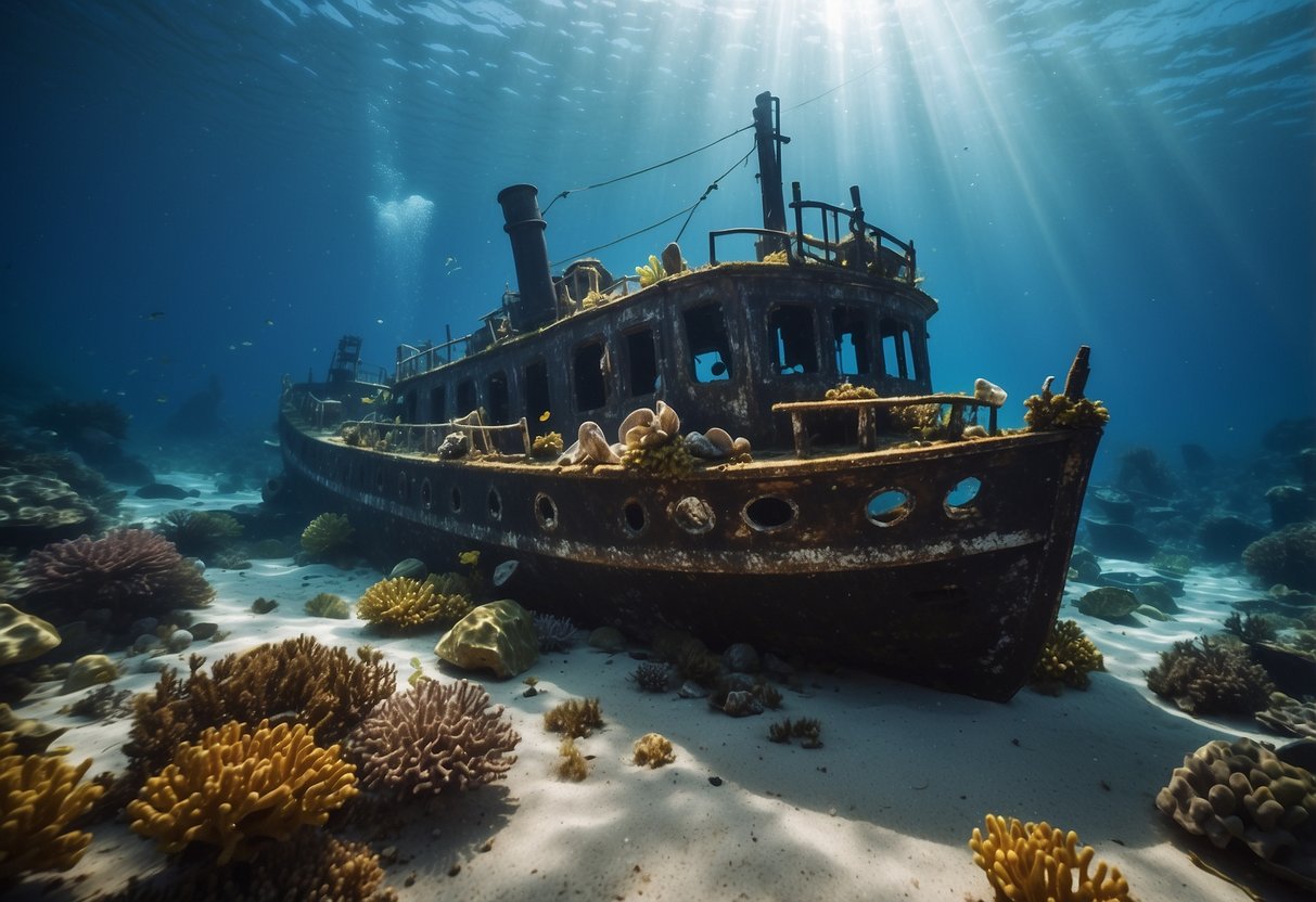 Sunken ship Argo rests on sandy ocean floor, surrounded by colorful coral and schools of fish. Rays of sunlight filter through the water, illuminating the wreckage