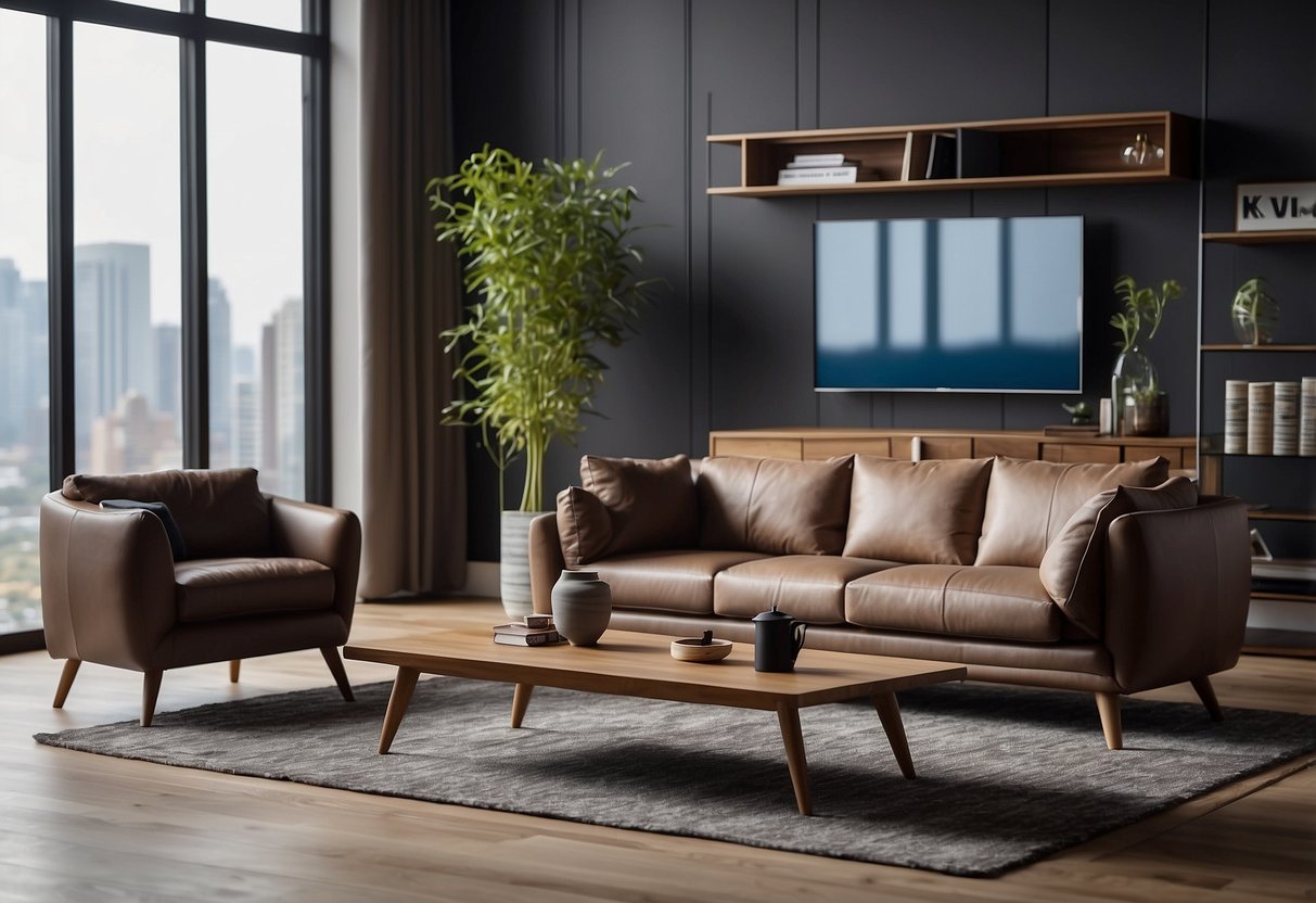 A room with modern furniture, including a sleek sofa, coffee table, and bookshelf. A FAQ booklet and a laptop are placed on the table