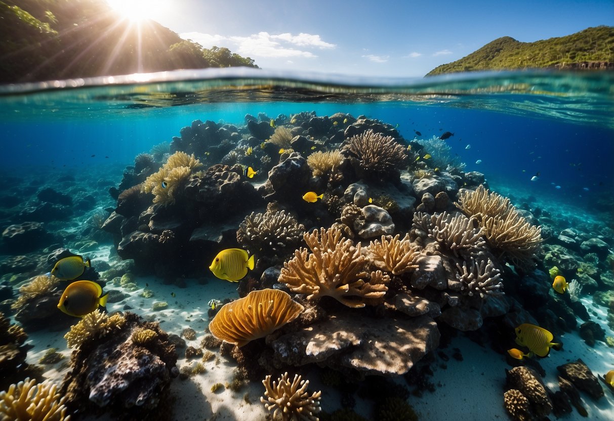 Crystal-clear waters surround a volcanic island with colorful coral reefs and diverse marine life. Sunlight illuminates the underwater landscape, creating a vibrant and captivating scene for scuba diving enthusiasts