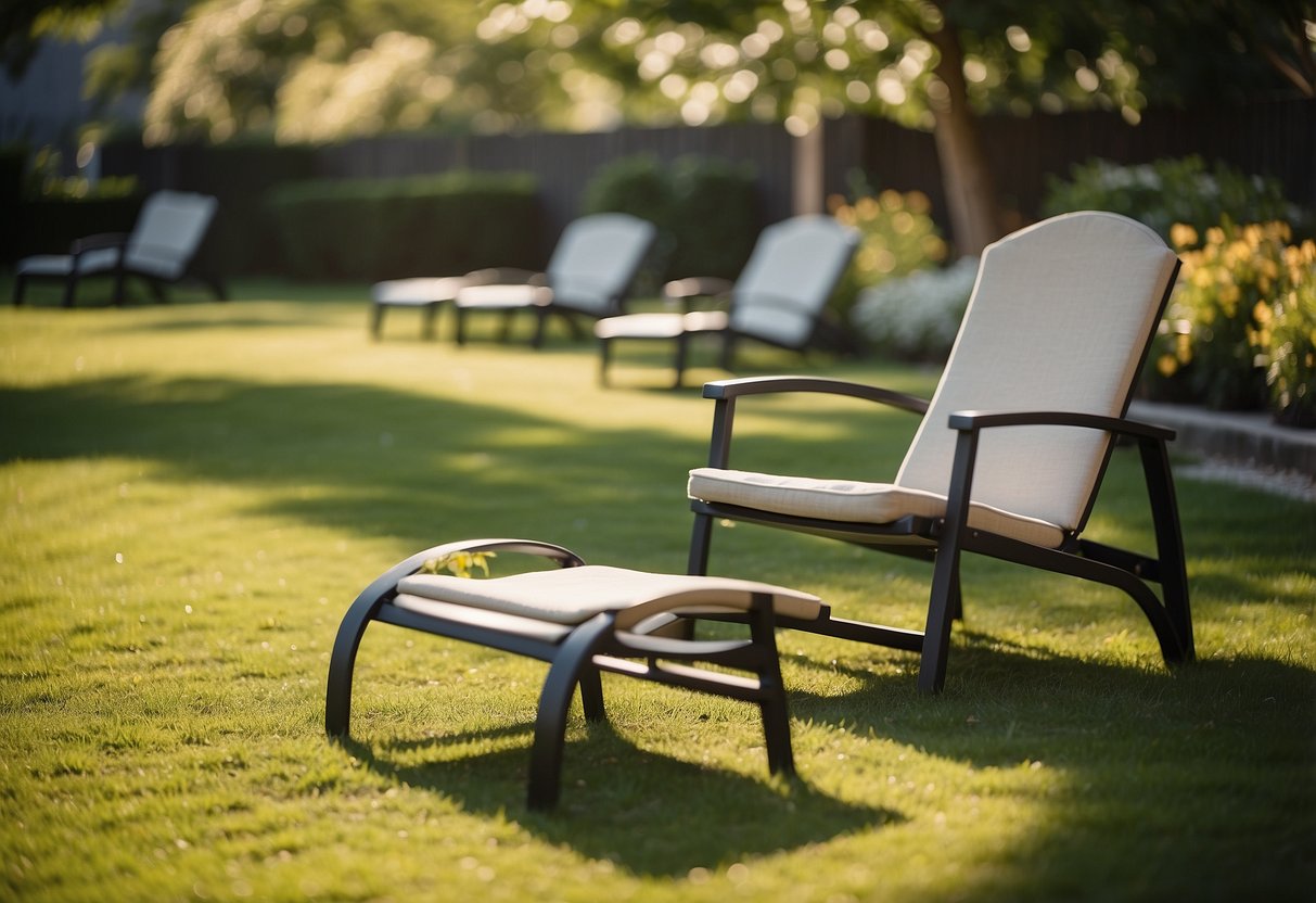 A sunny backyard with lawn furniture arranged neatly on green grass