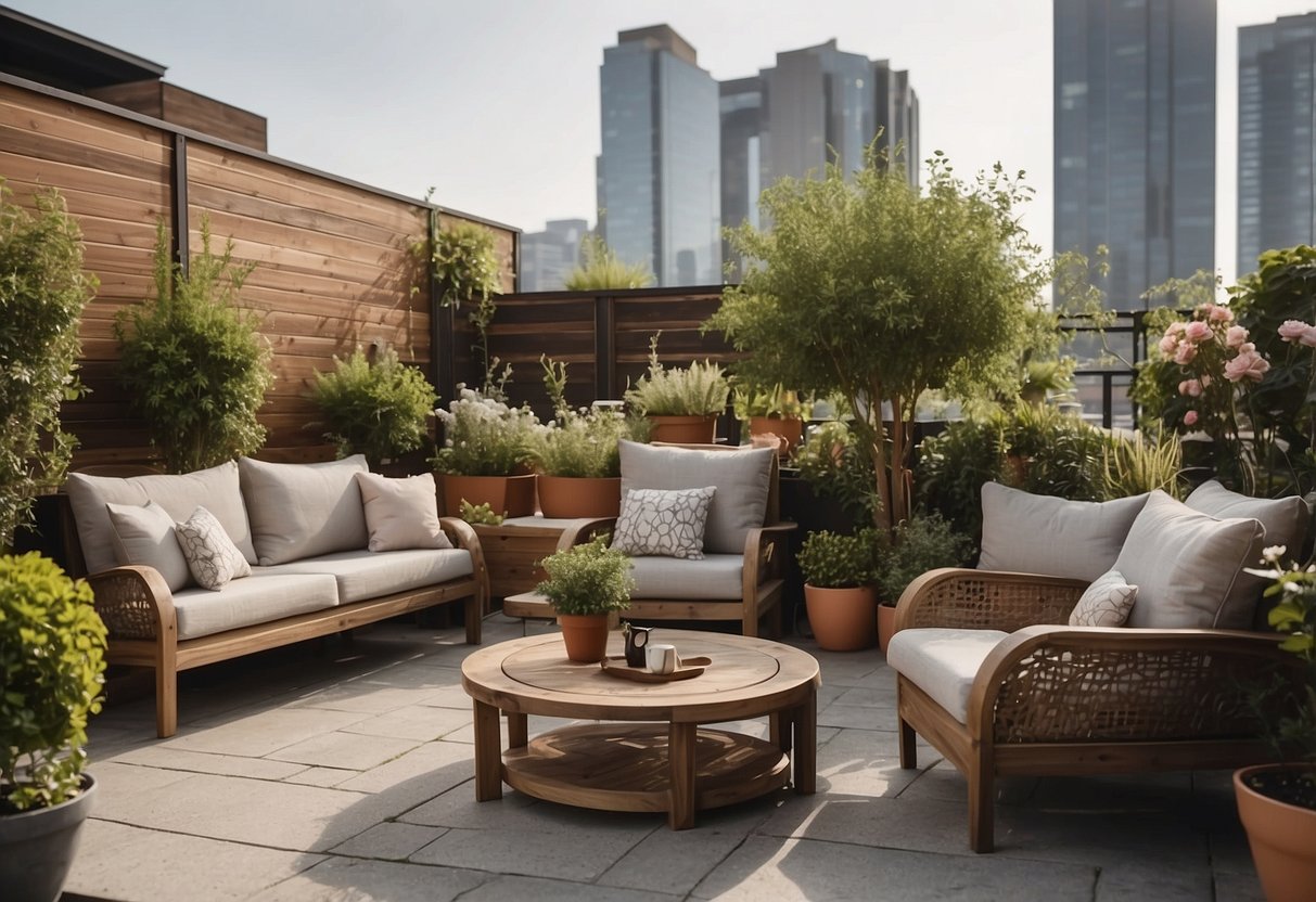 A rooftop garden with modern, weather-resistant furniture arranged around potted plants and a small dining area. The furniture includes comfortable seating and tables for entertaining