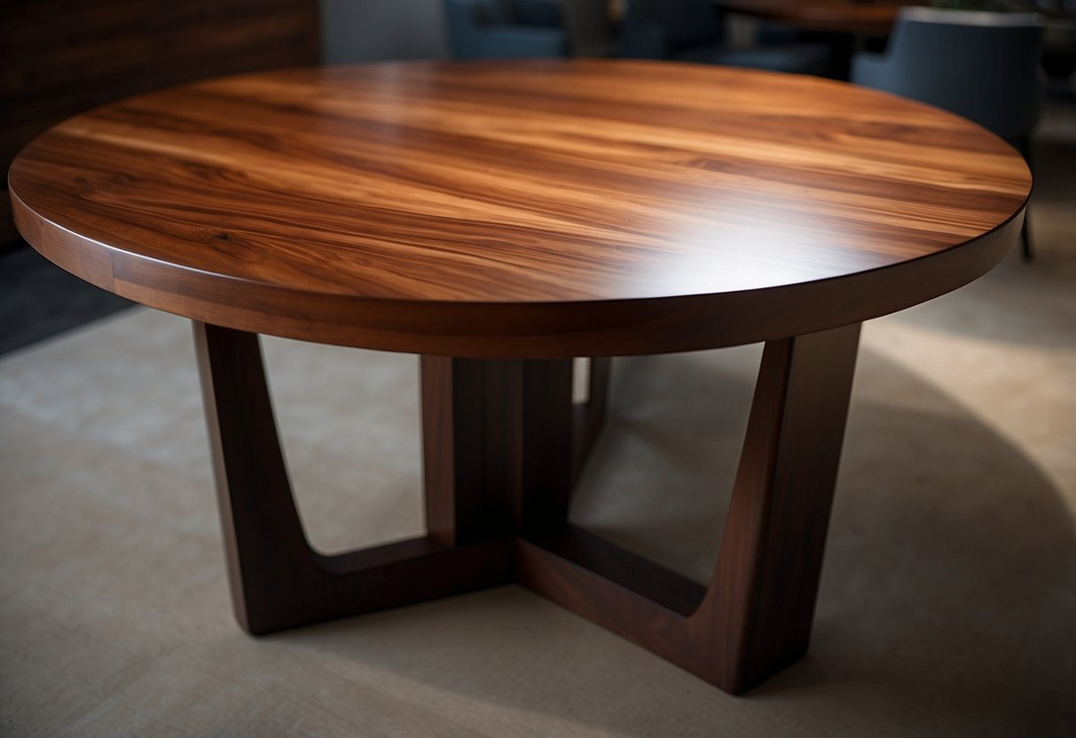 A sturdy mangium wood table with rich, warm tones, smooth grain, and sleek, modern design