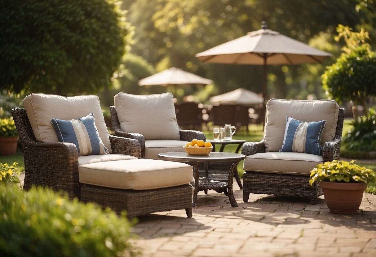 A variety of lawn furniture arranged in a spacious outdoor setting, including chairs, tables, umbrellas, and loungers. The scene is bathed in warm sunlight, with lush greenery in the background