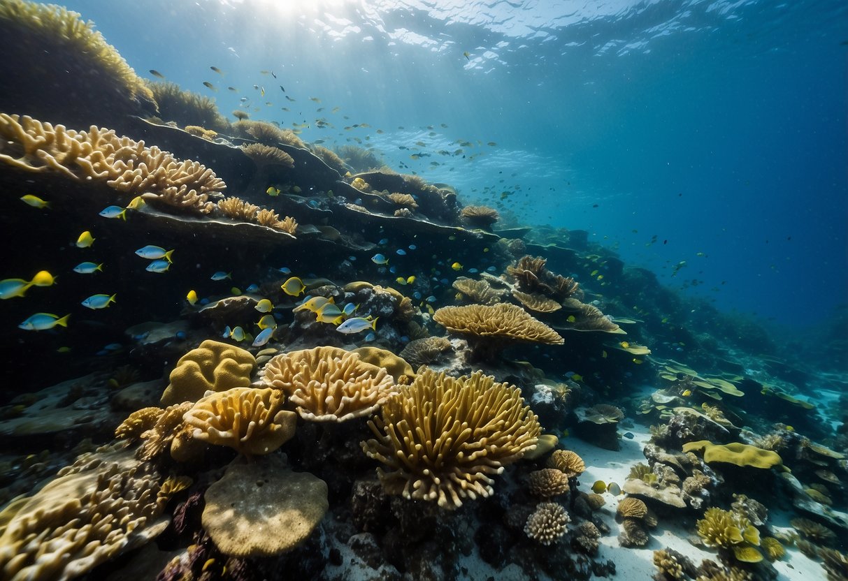 Vibrant coral reefs teeming with colorful fish, surrounded by crystal clear waters and towering kelp forests in New Zealand's top scuba diving spots