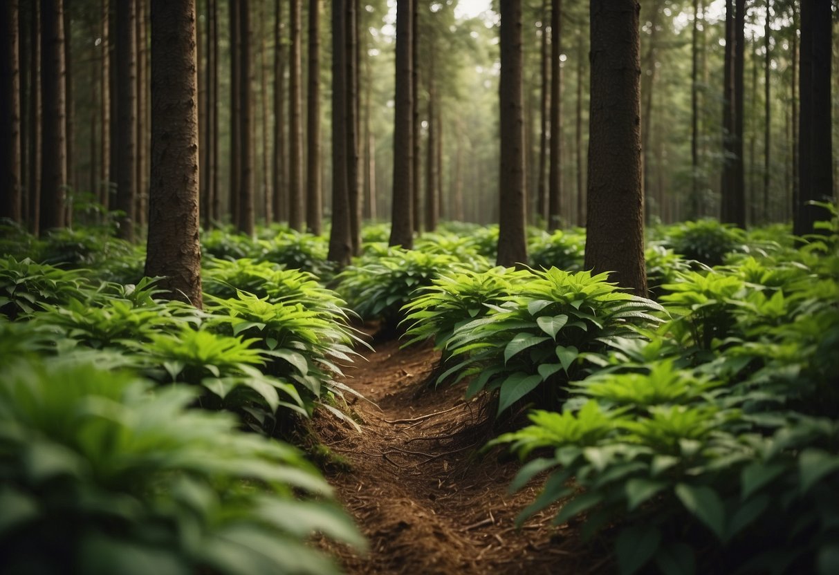 A lush mangium forest being sustainably harvested for wood furniture production, showcasing the positive environmental impact of cultivation