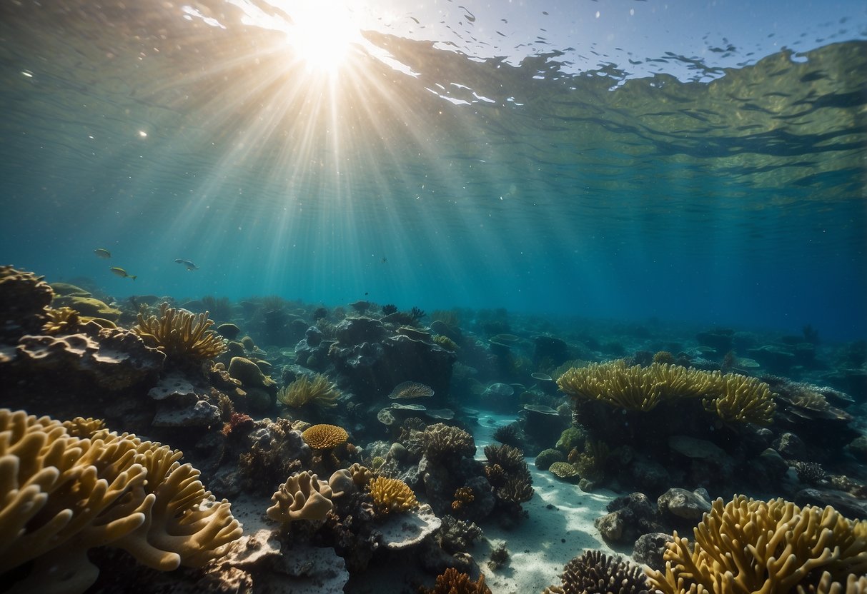 Crystal clear water surrounds a lone diver exploring a vibrant coral reef. Sunlight filters through the surface, illuminating the diverse marine life below