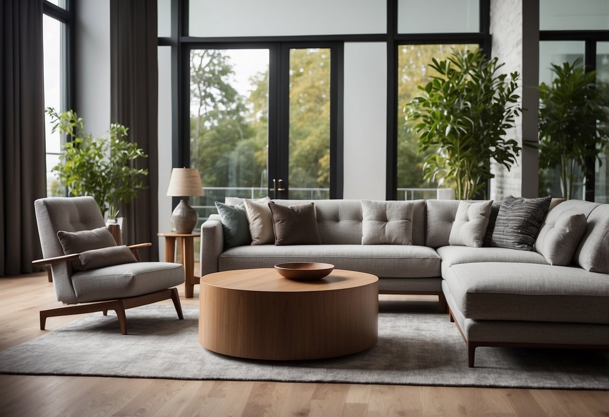 A sleek and modern living room with a stylish mangium wood coffee table, surrounded by matching chairs and a sofa. The furniture is well-crafted and exudes a sense of sophistication and quality