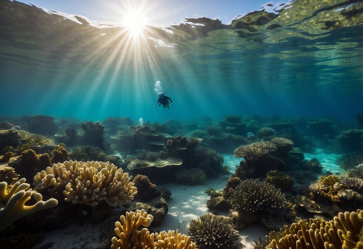 Crystal clear water surrounds a lone diver exploring a remote dive site, surrounded by vibrant coral and marine life. Sunlight filters through the water, casting a serene and otherworldly glow on the scene