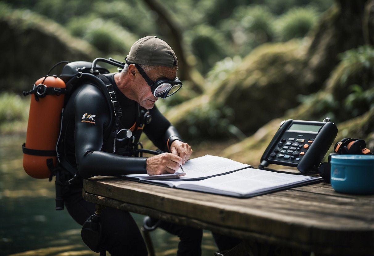 A diver checks local regulations before exploring a remote dive site