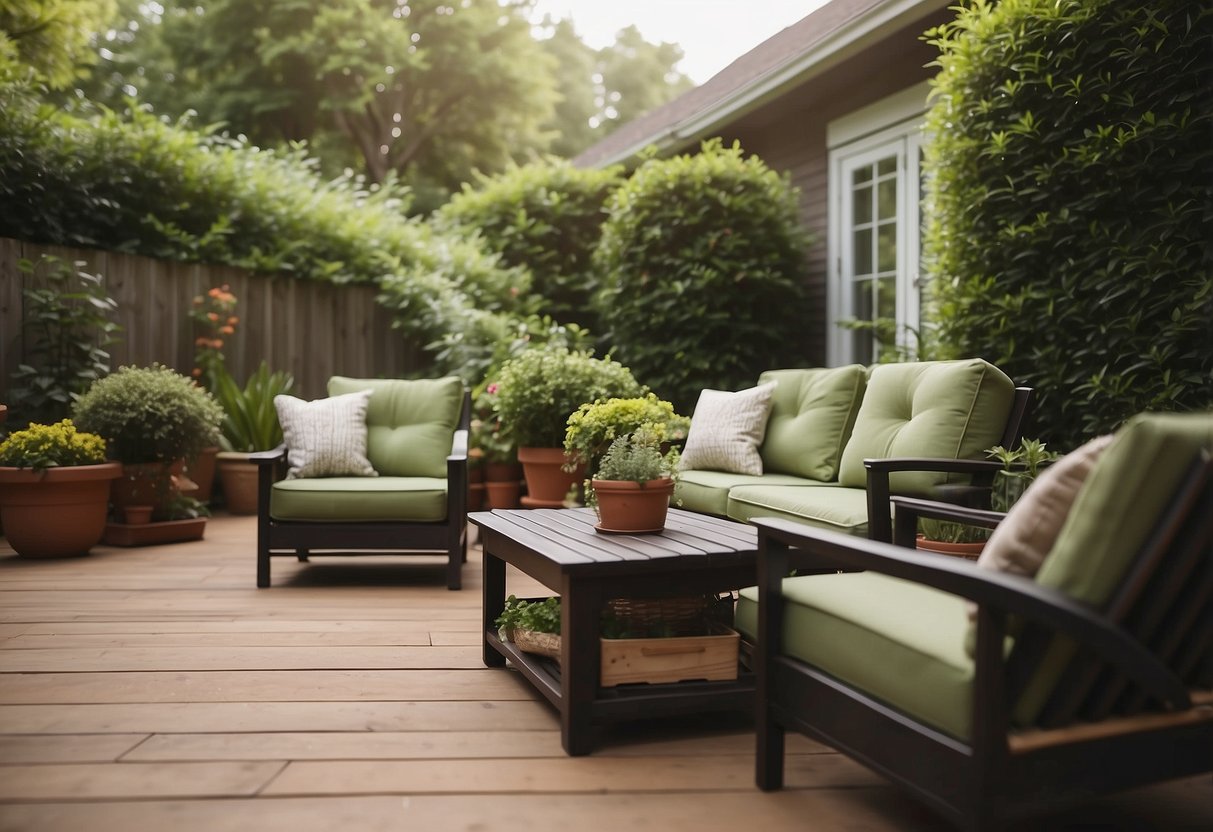 A cozy outdoor space with a variety of lawn furniture arranged on a patio or deck, surrounded by lush greenery and potted plants