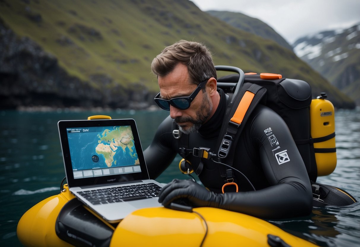 A diver checks GPS and communication equipment before diving in a remote area. The diver is surrounded by rugged terrain and a vast expanse of water