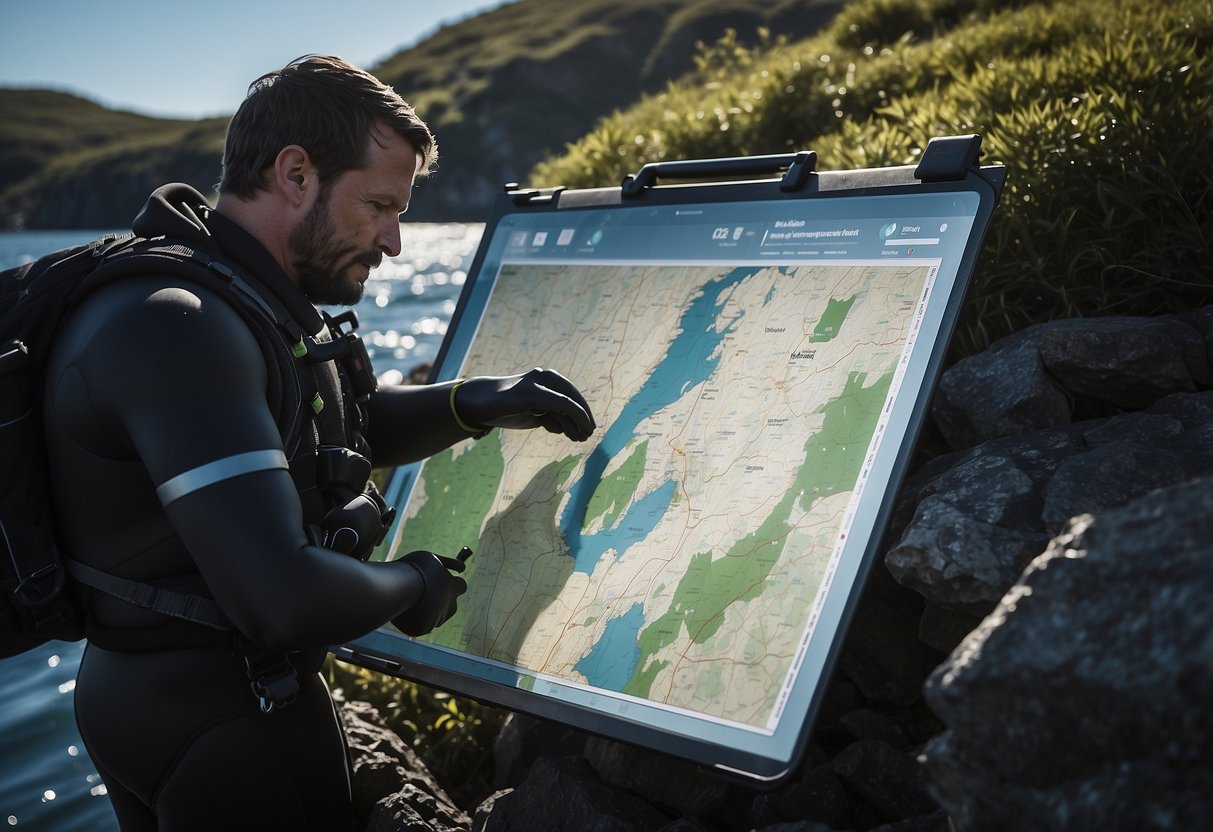 A diver in a remote area checks their equipment, reviews a map, and communicates with a partner. They have emergency supplies and a first aid kit nearby