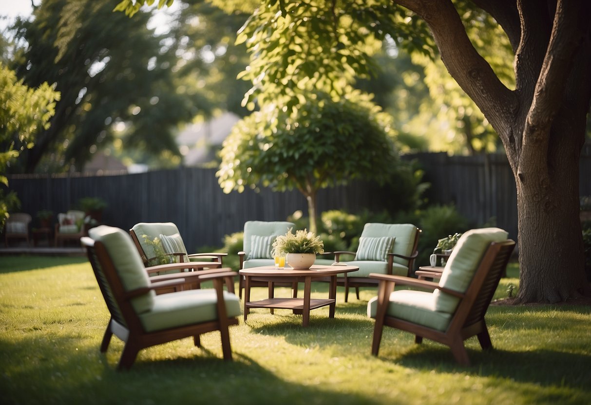 A backyard with various types of lawn furniture arranged neatly under a shady tree