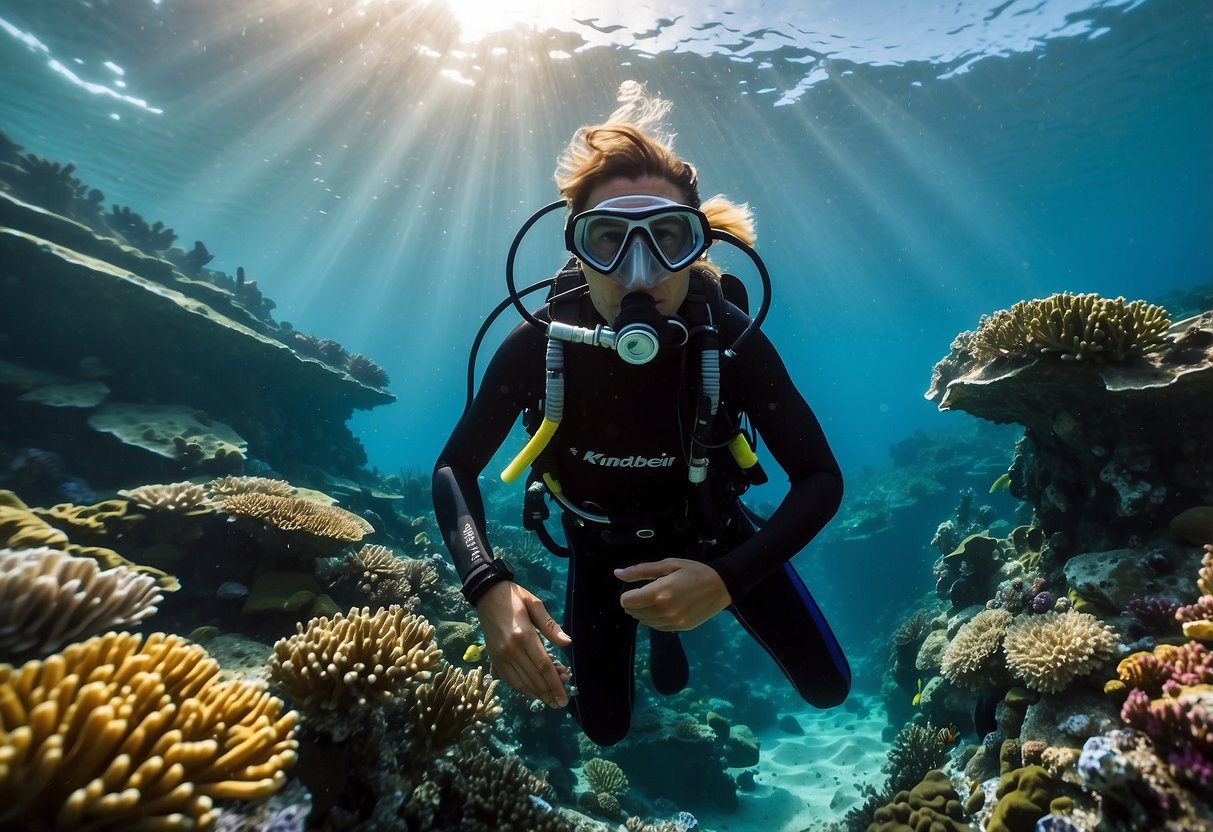 A diver explores a vibrant coral reef in a remote, untouched ocean location. Crystal-clear waters reveal an abundance of marine life and colorful coral formations. The diver moves gracefully through the water, surrounded by the beauty of the underwater world