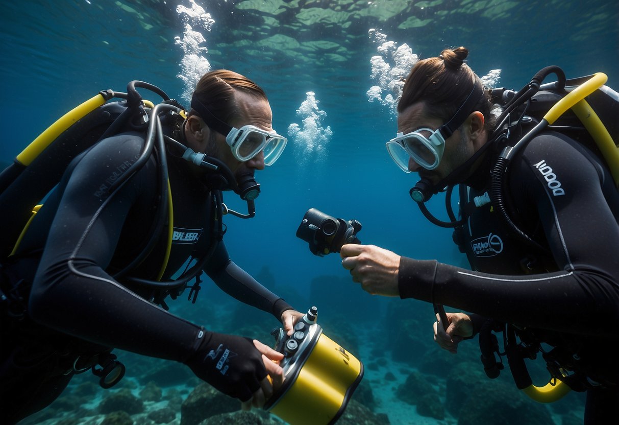 Divers prepare gear, check equipment, signal each other, and follow guidelines in a remote diving setting