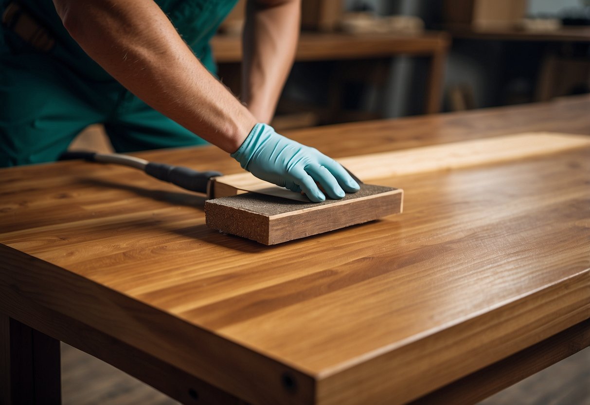 A wooden table being sanded, stained, and varnished. Sandpaper, wood stain, and a brush are visible