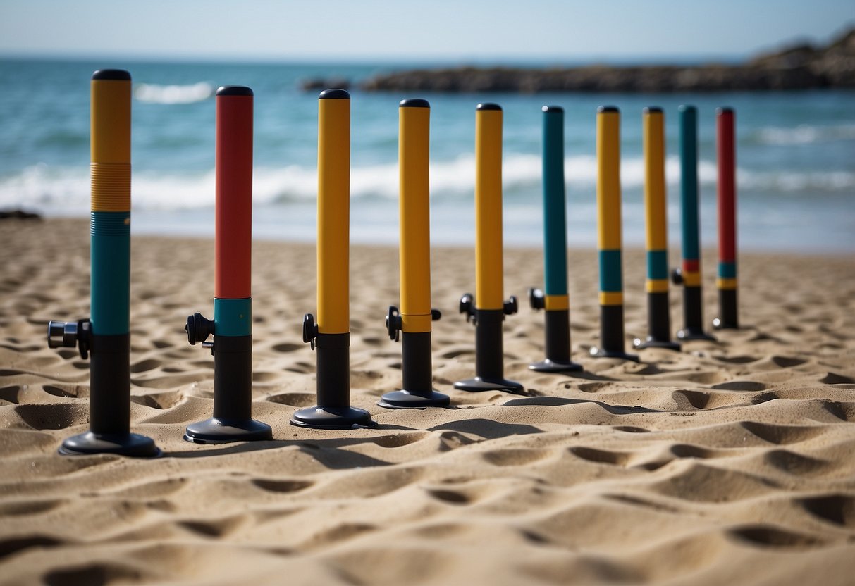 Five diving poles laid out on a beach, with the ocean in the background. Each pole is different in color and design, showcasing their lightweight and durable features