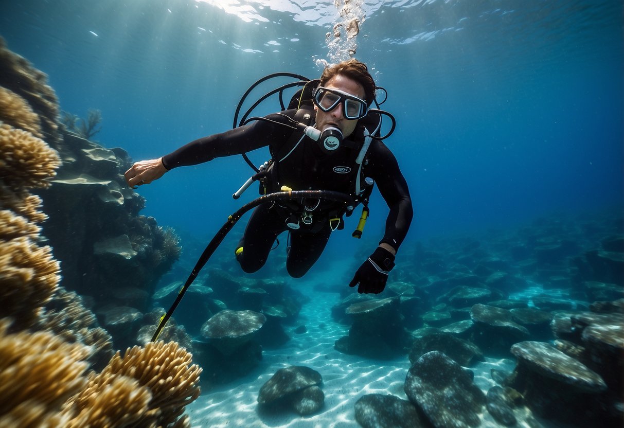 A diver descends into crystal-clear waters, armed with a sleek Mako Spearguns Traveler 5 lightweight diving pole, ready to explore the depths