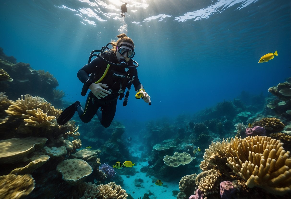 A diver holds a Salvimar Sten Pneumatic 5 diving pole, surrounded by clear blue water and colorful marine life