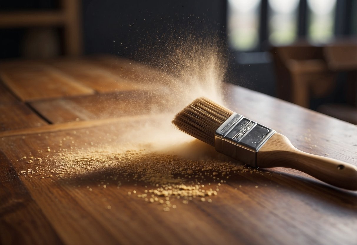 A wooden table is being sanded down, with dust flying in the air. A can of wood stain and a paintbrush sit nearby, ready to be used