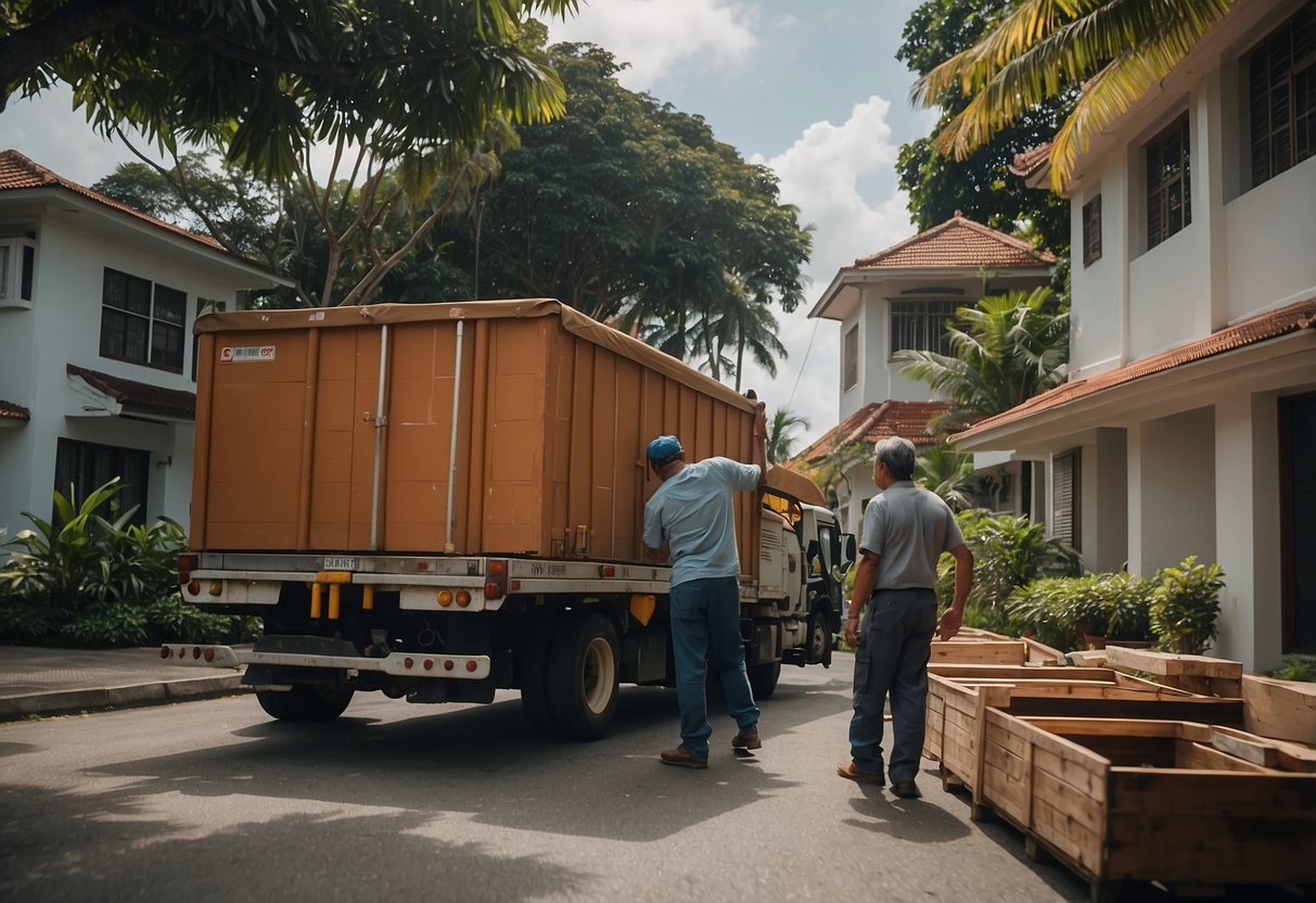 An old armchair and a wooden dresser are being loaded onto a truck by two workers in a residential neighborhood in Singapore