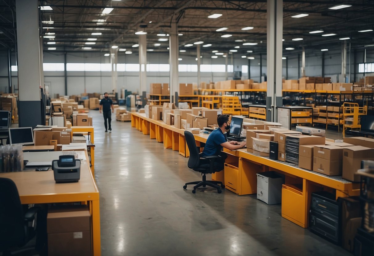 A bustling warehouse with rows of modern furniture, bright lights, and friendly staff assisting customers