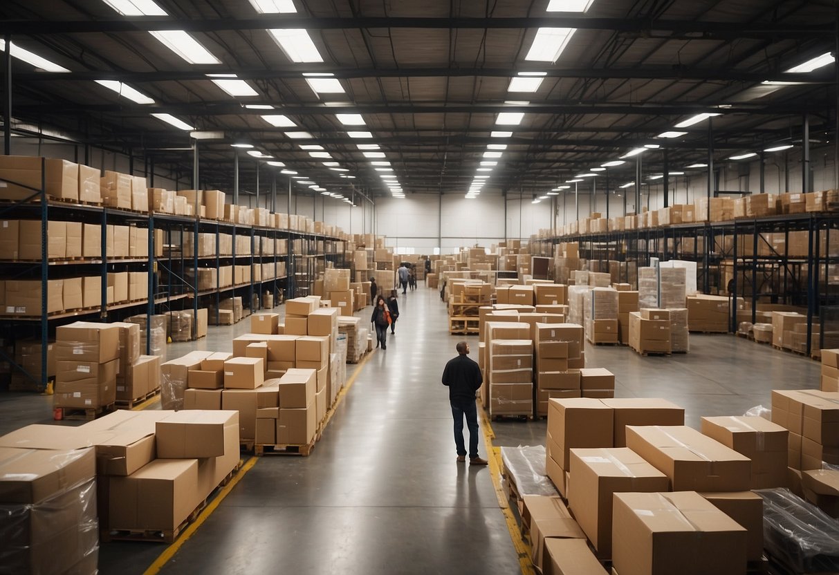 A bustling warehouse with towering shelves of furniture, customers browsing and staff assisting. Signs and displays highlight "Frequently Asked Questions" about products and services
