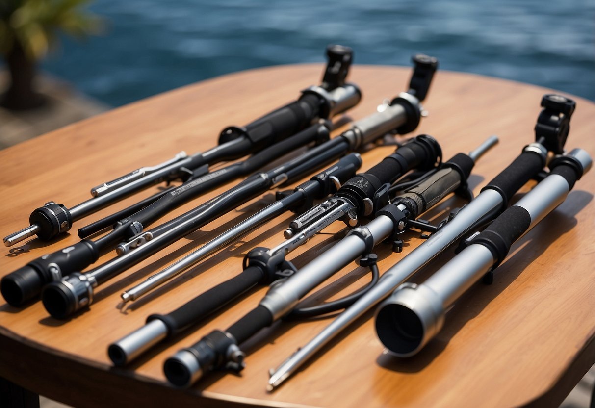 A table with 5 different lightweight diving poles, each with varying lengths and grip styles. Nearby, a checklist of factors to consider when choosing a diving pole