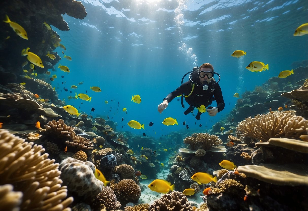 Vibrant coral reefs teeming with colorful fish, swaying sea plants, and crystal-clear water surround a scuba diver exploring the underwater world