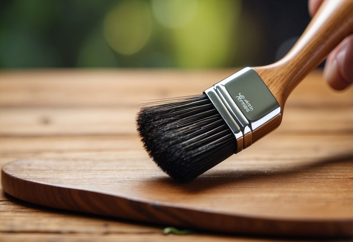 A hand-held brush applies a glossy finish to a smooth wooden surface, reflecting light and enhancing the natural grain