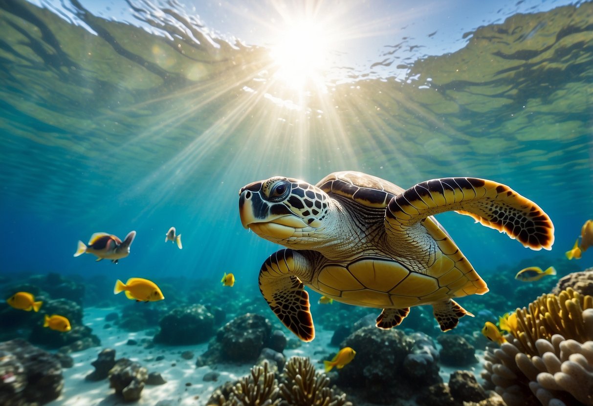 Turtles swimming among vibrant coral, surrounded by colorful fish and clear blue water. Sunlight streams down, creating a peaceful and serene underwater scene