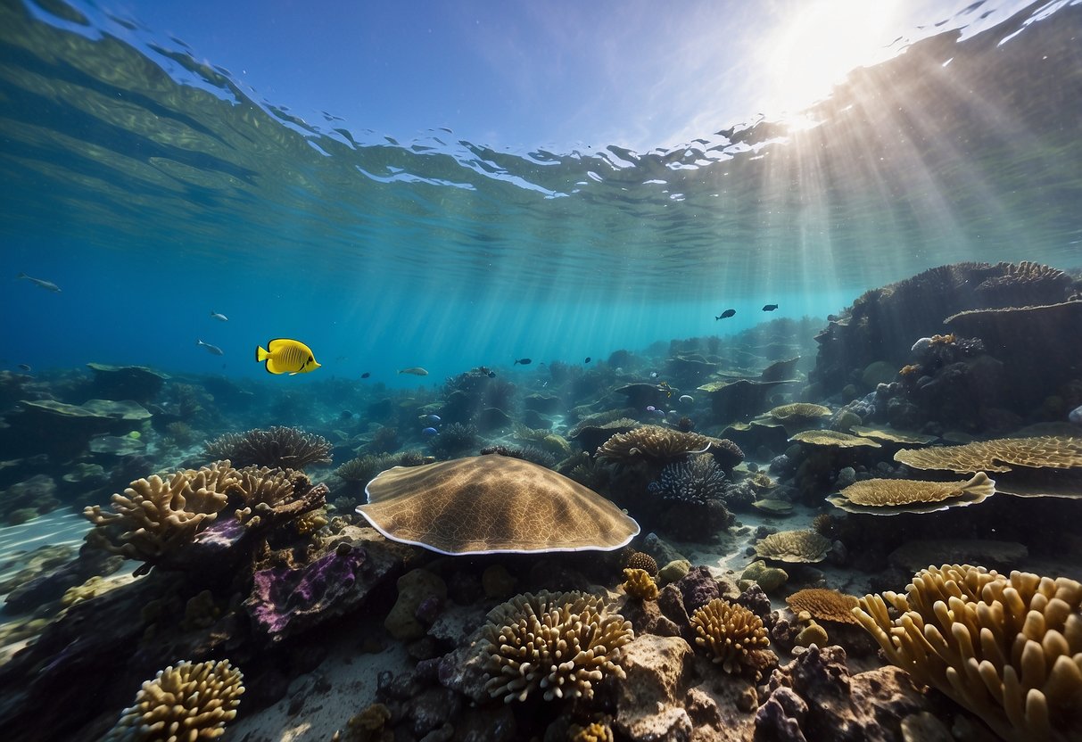 Colorful coral reefs teeming with vibrant fish, graceful sea turtles gliding through crystal-clear waters, and majestic manta rays soaring gracefully above the ocean floor