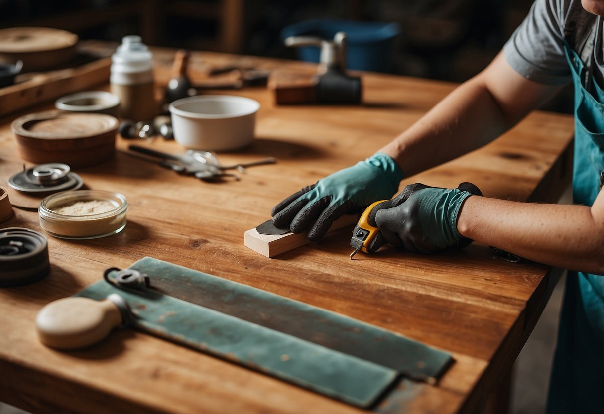 A person sanding and staining a wooden table, surrounded by various refinishing tools and materials. A FAQ sheet about wood furniture refinishing is displayed nearby