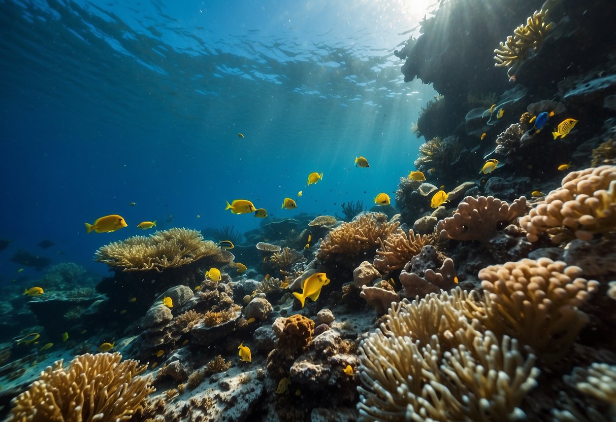 Underwater scene with colorful coral reef, diver observing insects, using flashlight. Insects include shrimp, crabs, and nudibranchs. Clear blue water, sunlight filtering through