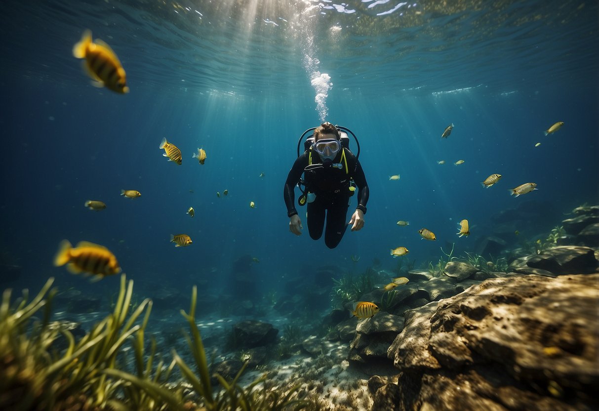 A diver swims away from stagnant water, surrounded by insects