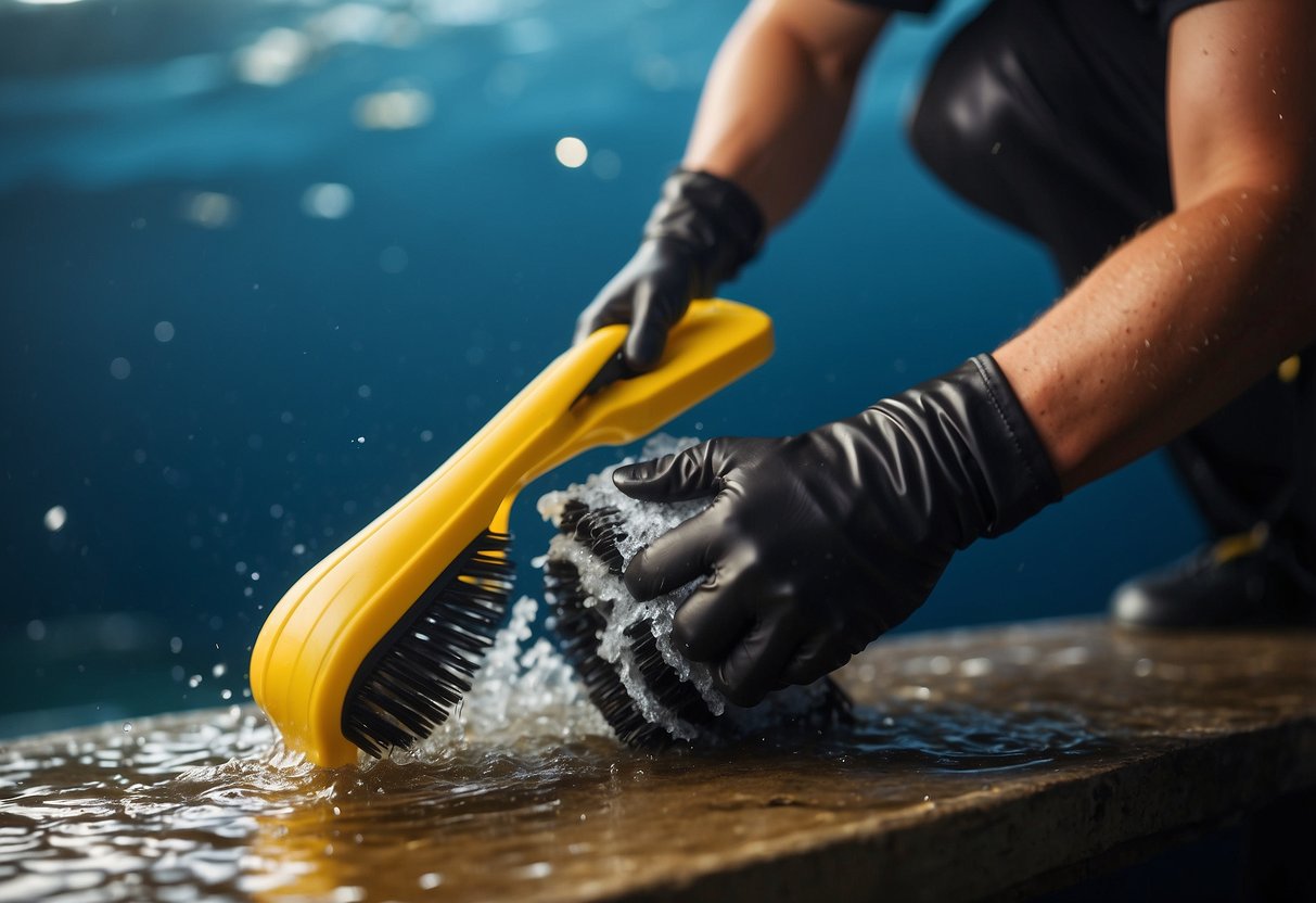 Dive gear being scrubbed clean with a brush and soap, water running over it. Insects buzzing around, some landing on the gear