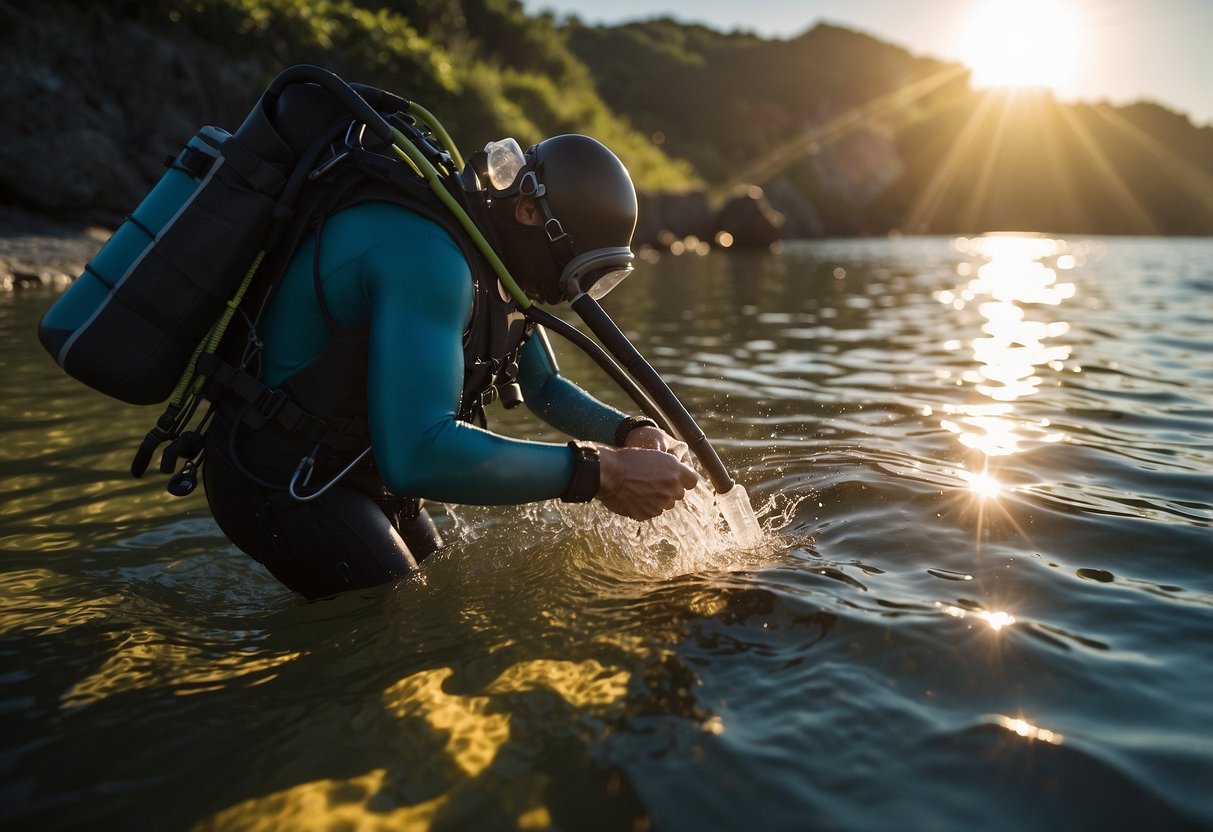 A diver sprays natural insect repellent on their gear before entering the water. The sun shines overhead as the diver prepares to explore the ocean depths