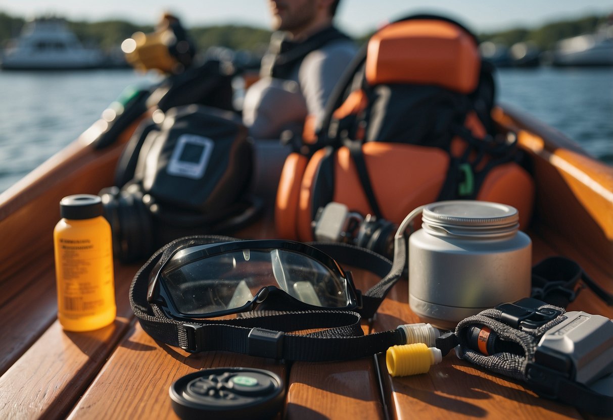 A diver drinks water near gear, surrounded by insect repellent, sunscreen, and a first aid kit on a boat deck