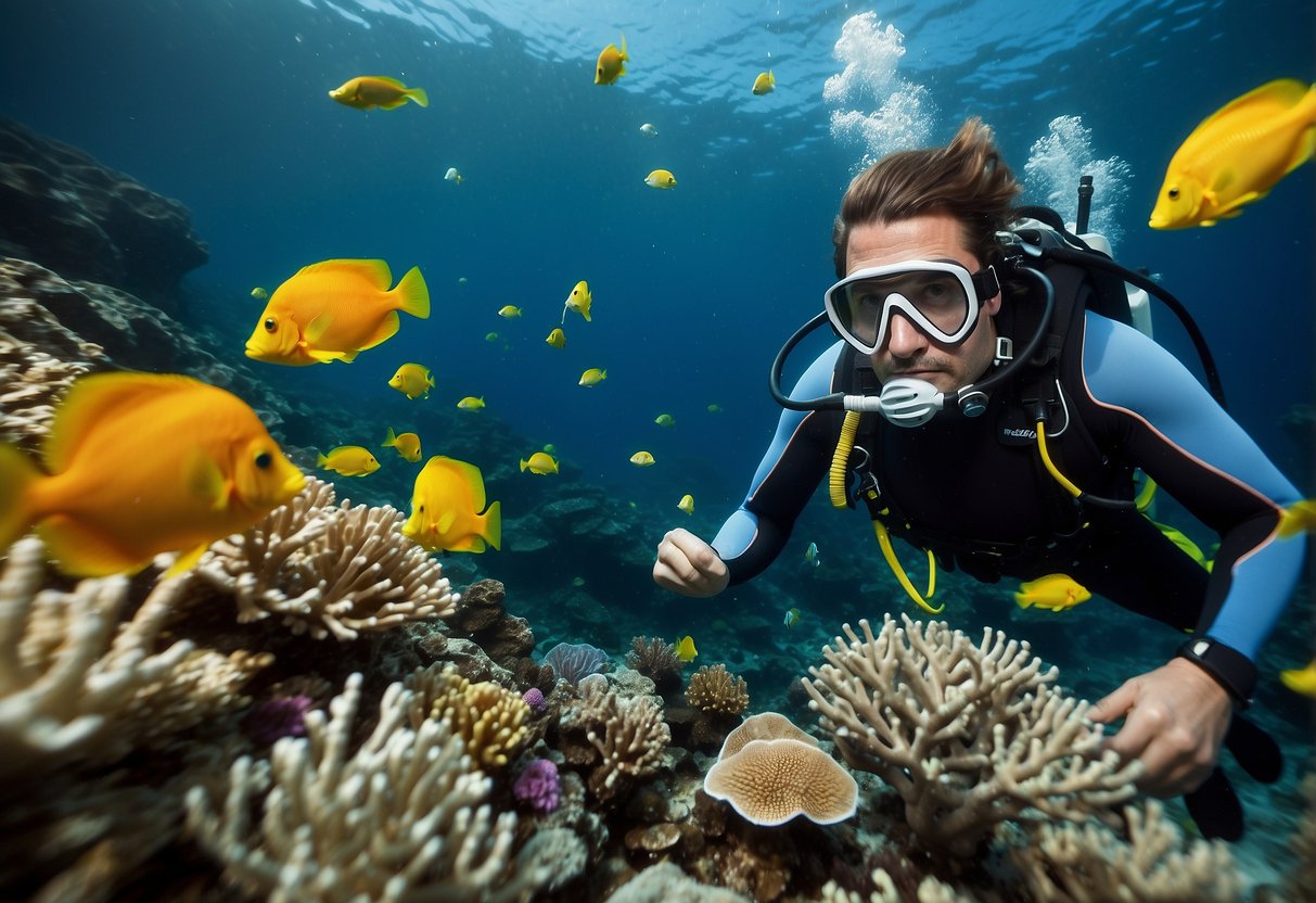 Underwater scene with colorful coral and fish. A diver avoids insects while following tips. No human or body parts visible