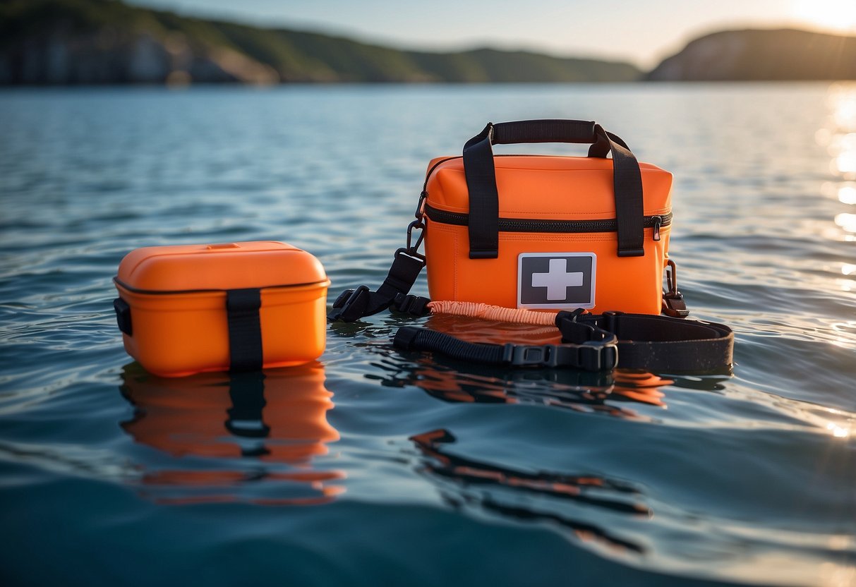 A diving first aid kit floats on a calm ocean surface, with diving gear visible in the background. Bright colors and waterproof packaging stand out