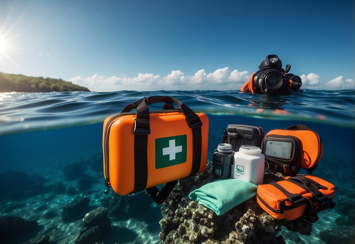 A diver's first aid kit floats on the surface of the water, surrounded by diving equipment and marine life