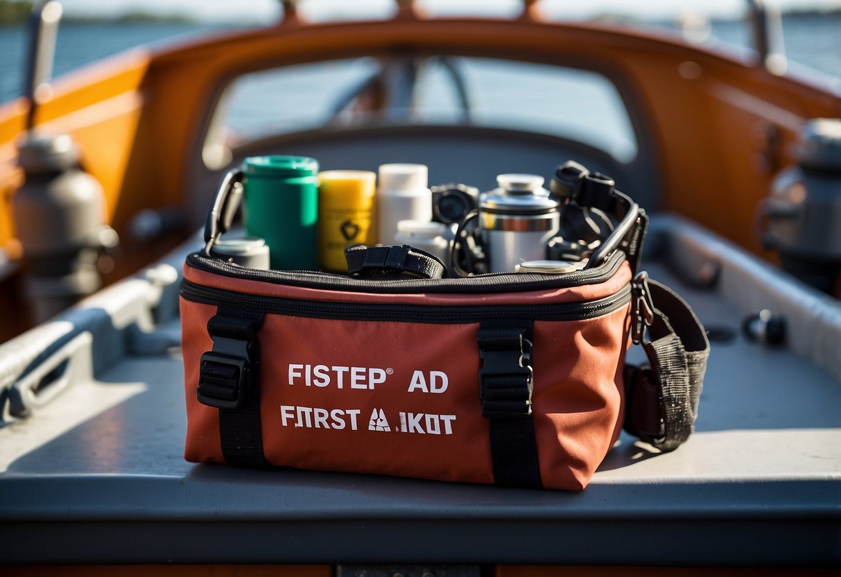 A small first aid kit sits on a diving boat, with diving gear and equipment in the background. The kit is open, showing its contents and the logo "Surviveware."