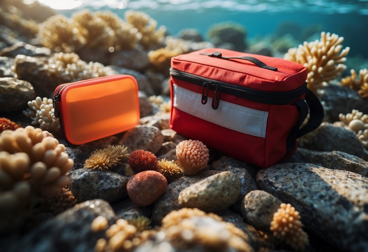 A bright red Ocean Pack First Aid Kit sits on a rocky seabed, surrounded by colorful coral and a variety of marine life